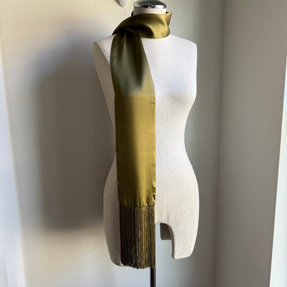 Ellen Tracy Silk Blend Scarf Olive Green with Fringe – 73” x 5” - Picture 1 of 4